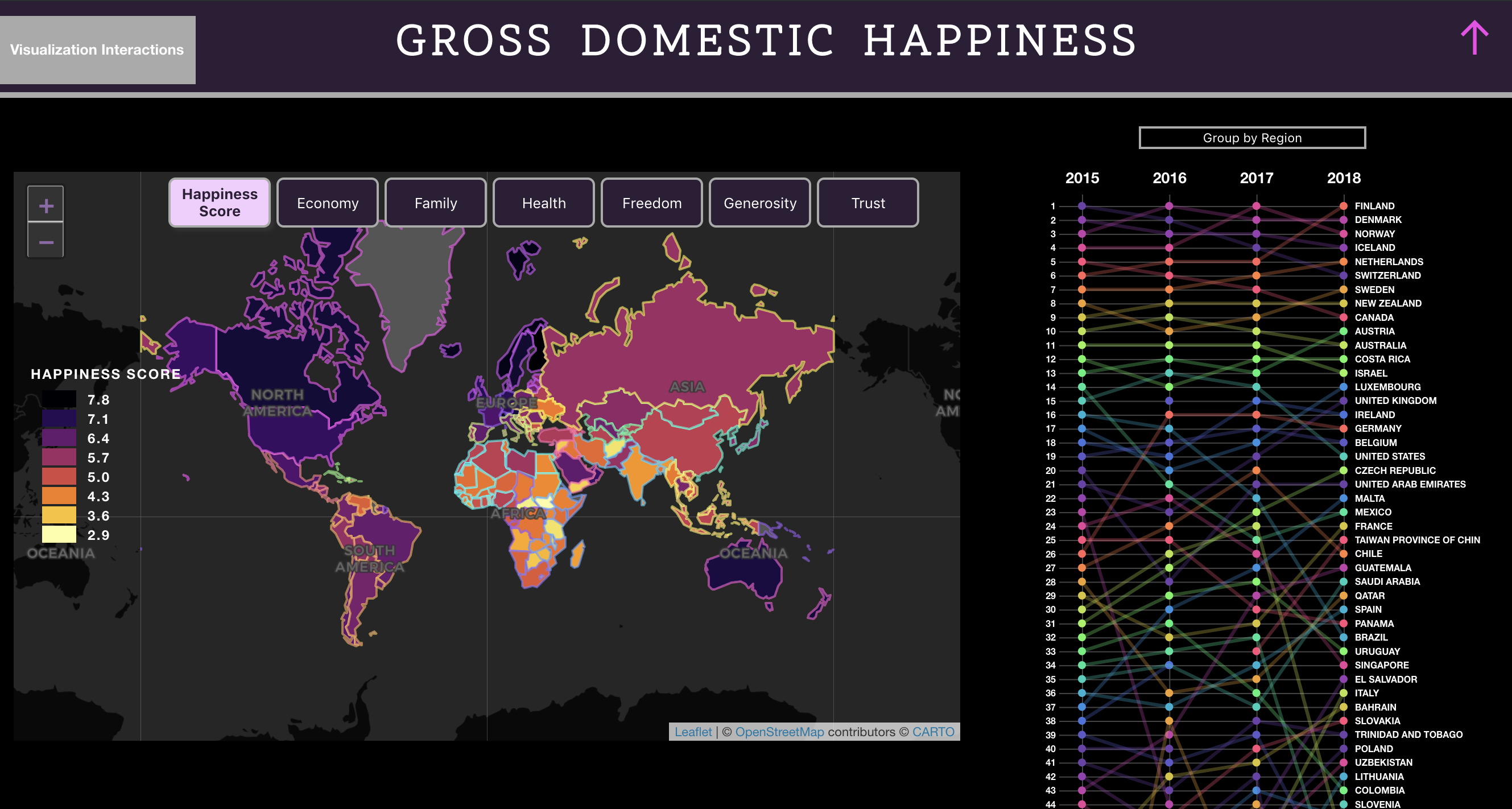 Screen capture of webpage with title 'Gross Domestic Happiness', world with colored countries, and bump chart